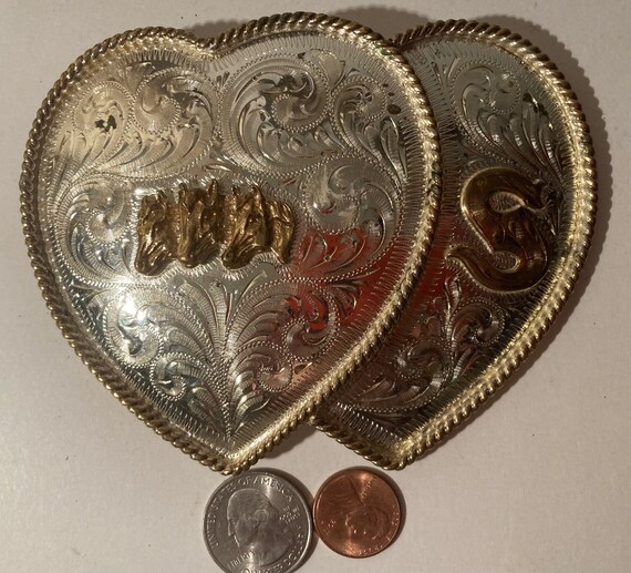 Vintage Metal Belt Buckle, Silver and Brass Double Hearts  display picture 1