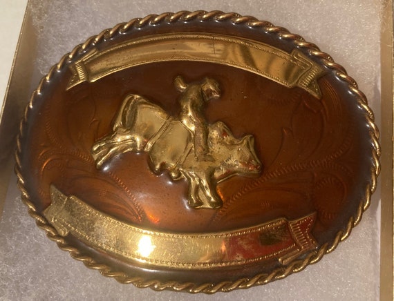 Vintage Metal Belt Buckle, Bull Riding, German Si… - image 1