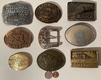 Vintage Lot of 9 Assorted Different Belt Buckles, Tractor, Caterpillar, Lionel Trains, Wooden, Country & Western, Western Wear, Made in USA