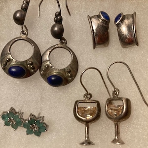Vintage Lot of 4 Sterling Silver Earring Sets, Blue Stones, Martini Glasses,