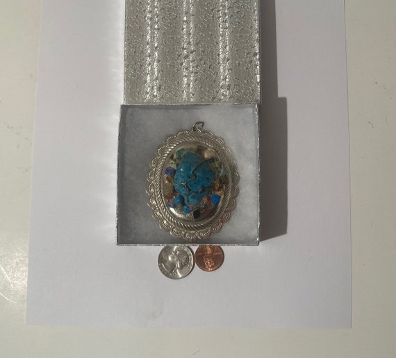 Vintage Metal Silver and Turquoise Pendant, Color… - image 2