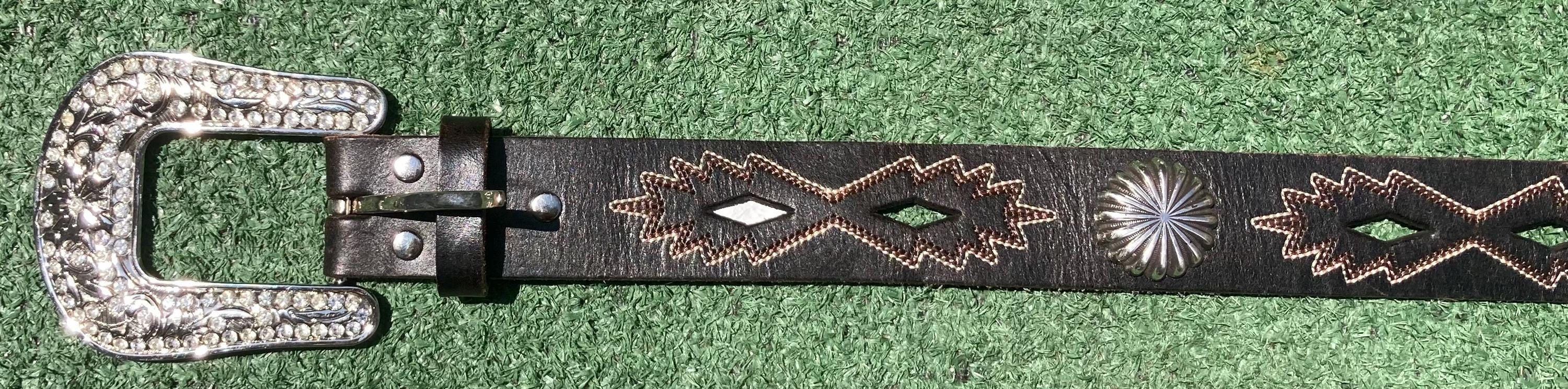 Vintage Leather Heavy Duty Belt With Nice Rhinestone Buckle 