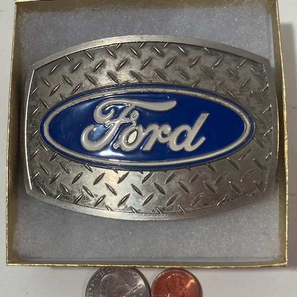 Vintage Metal Belt Buckle, Ford, Heavy Duty, Diamond Plate, Nice Design, 3 1/2" x 2 1/2", Heavy Duty, Quality, Thick Metal, Made in USA