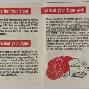 May include: A vintage Zippo lighter instruction sheet. The red and white text details how to refuel, re-flint, and care for the wick. It also features illustrations of the lighter and fuel.