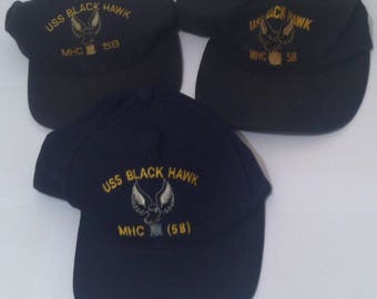 3 Vintage Hats, USS Black Hawk (MHC-58), U.S. Navy Command Ball Cap, Hat, Military, Collection, Shelf Display, Made in USA, Normal Used