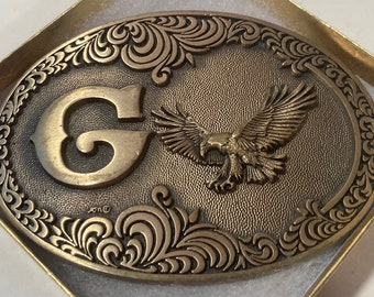 Vintage Metal Belt Buckle, Brass, Letter G, Initial G, Eagle, Nice Design, 4" x 2 3/4", Heavy Duty, Quality, Thick Metal, Made in USA