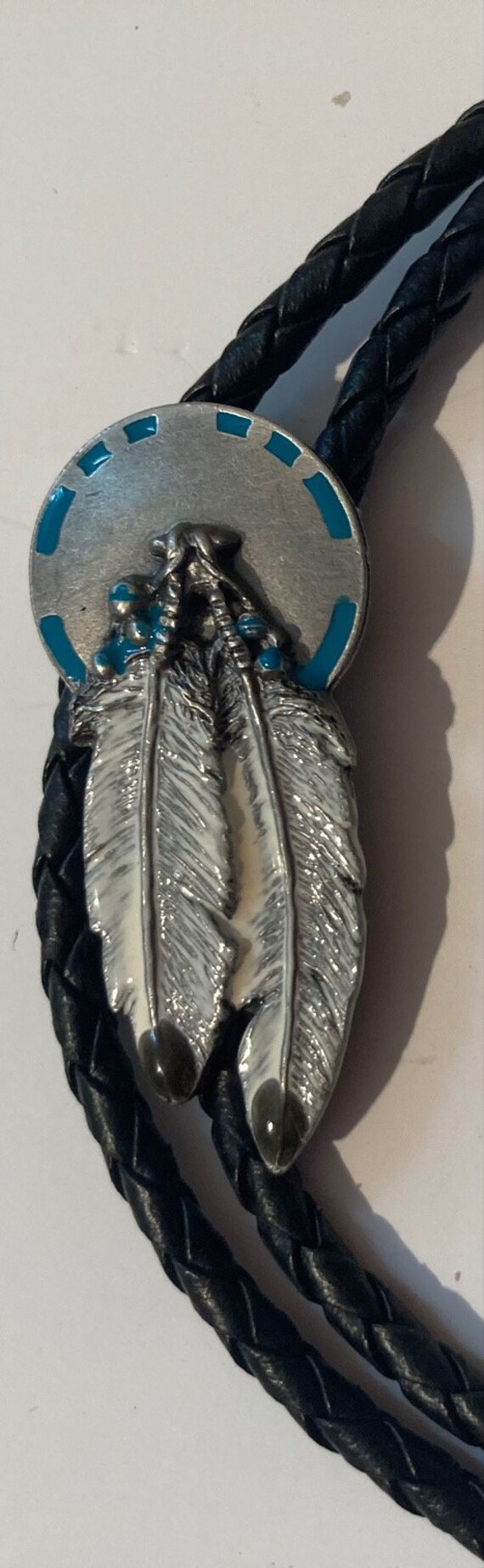Vintage 1993 Metal Bolo Tie, Feathers, Native, En… - image 2