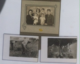 Lot of 5 Vintage Black and White Photographs, Christmas Family Postcard, Quality Made, Old Time Photos, Harvesting, Photography History