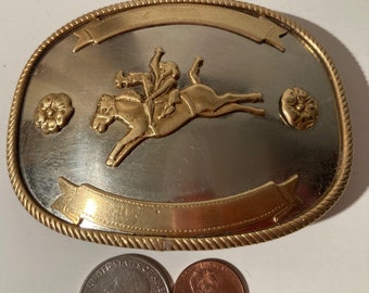 Vintage Metal Belt Buckle, German Silver and Brass, Bronco Busting, Horse Breaking,  Nice Western Design, 3 3/4" x 3", Heavy Duty