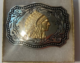 Vintage Metal Belt Buckle, Native Man, Feathers, Nice Western Design, 3 1/4" x 2 1/2", Heavy Duty, Made in USA