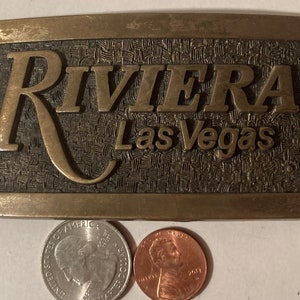Vintage Metal Belt Buckle, Brass, Riviera Las Vegas, Hotel, Casino, Gambling, Slots, Craps, Poker, Nice Western Design, 3 3/4&quot; x 2&quot;, Heavy