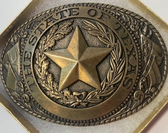 Vintage Metal Belt Buckle, Solid Brass, Tony Lama, The Great State of Texas, Nice Western Design, 3 3/4&quot; x 2 3/4&quot;, Heavy Duty