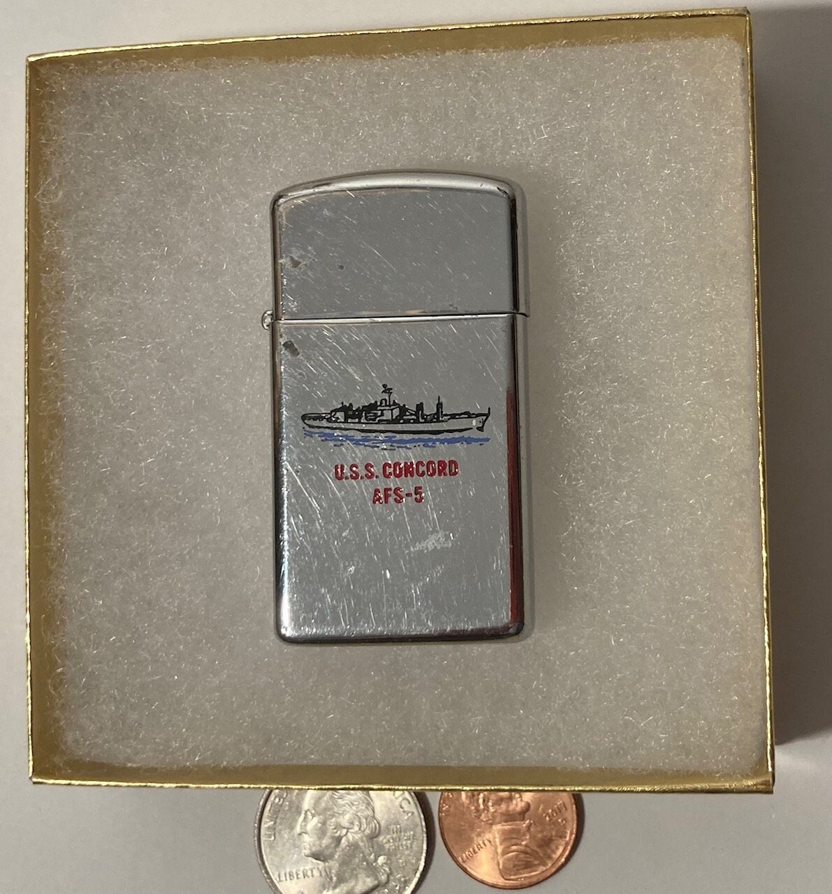 Vintage Metall Zippo, U.S.S. Concord AFS-5, Kampflager Schiff 