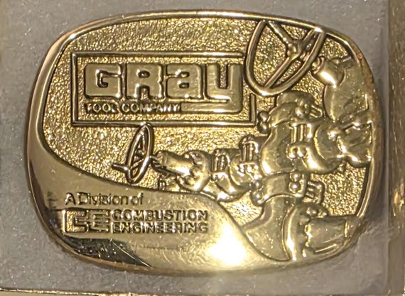 Vintage 1978 Metal Belt Buckle, Brass, Gray Tool Company, Combustion Engineering, Nice Western Style Design
