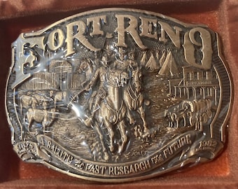 Vintage Metal Belt Buckle, Brass, Fort Reno, Darlington, Nice Design, 3 1/2" x 2 3/4", Heavy Duty, Quality, Thick Metal, Made in USA