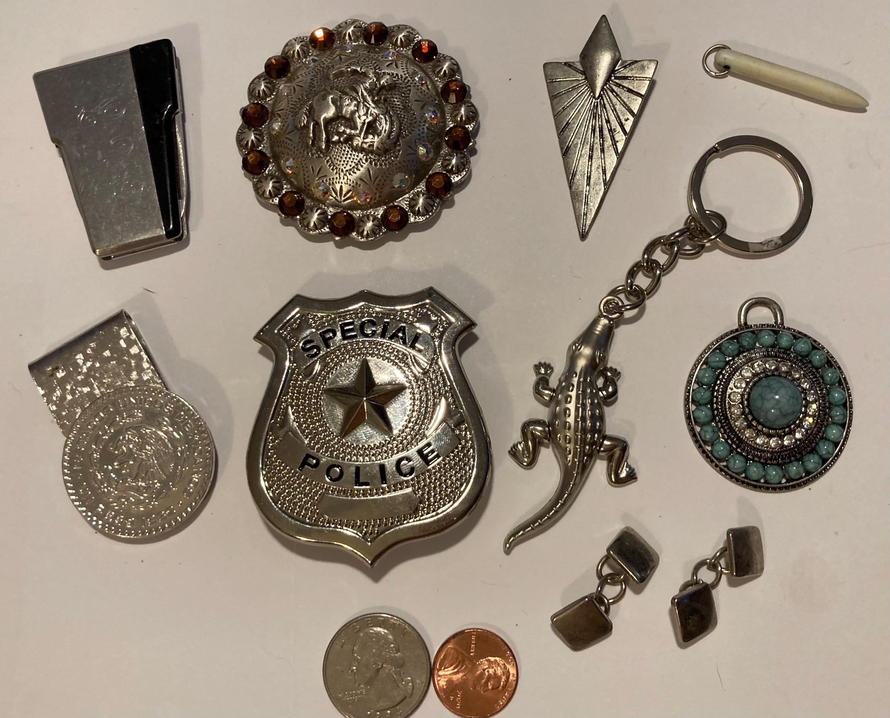 Vintage Lot of 10 Different Nice Items, Money Clip, Badge, Alligator ...