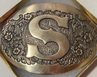 Vintage Metal Belt Buckle, Brass, Letter S, Initial S, Nice Design, 4" x 2 3/4", Heavy Duty, Quality, Thick Metal, Made in USA, For Belts