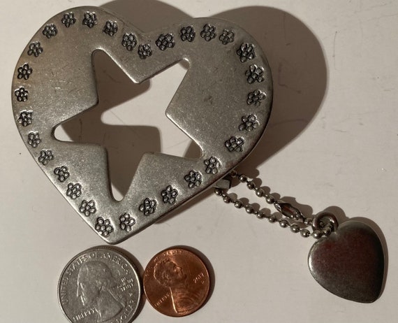 Vintage Metal Belt Buckle, Heart with Hanging Hea… - image 2