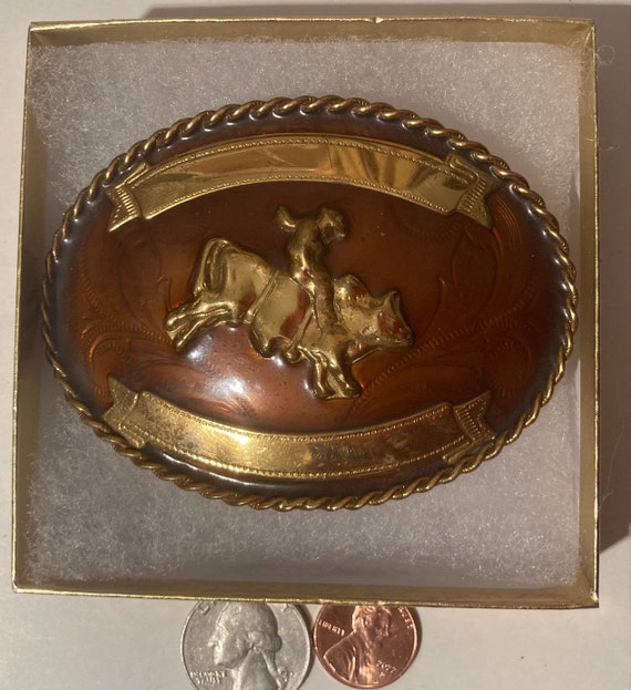 Vintage Metal Belt Buckle, Bull Riding, German Si… - image 2