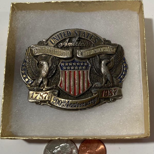Vintage Metal Belt Buckle, United States Constitution, Nice Western Design, 3" x 2 1/4", Heavy Duty, Quality, Thick Metal, For Belts