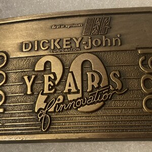Vintage 1986 Metal Belt Buckle, Brass, Dickey John, Nice Design, 3 1/4&quot; x 2 1/4&quot;, Heavy Duty, Quality, Thick Metal, Made in USA, For Belts