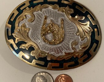 Boucle De Ceinture Tête De Cheval Argent Et Or – Style Cowboy – Fabriqué Au Mexique