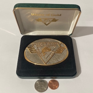 Vintage Metal Brass Belt Buckle, North American Fishing Club, Waves of Gold, 24Kt Gold and Rhodium Plated