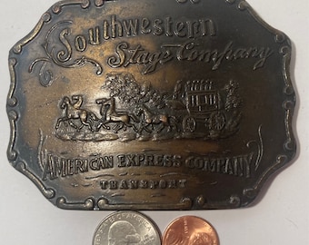 Vintage Metal Belt Buckle, Southwestern Stage Company, American Express, Nice Western Design, 3 3/4" x 2 3/4", Heavy Duty, Quality