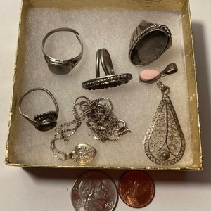 Vintage Lot of 8 Sterling Silver Rings, Chains, More, Scrap Jewelry,