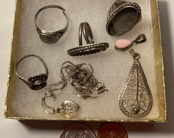 Vintage Lot of 8 Sterling Silver Rings, Chains, More, Scrap Jewelry,