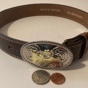 Vintage Leather Belt and Bull Riding Buckle, Nocona, Heavy Duty, Quality, Size 20 to 24, Country and Western