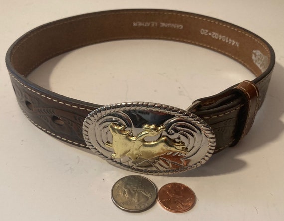 1979 Tex Tan Leather Belt with Nocona bull rider buckle Nocona Hand Tooled Western Belt Tan N2496808 - Chester Boot Shop main image 4
