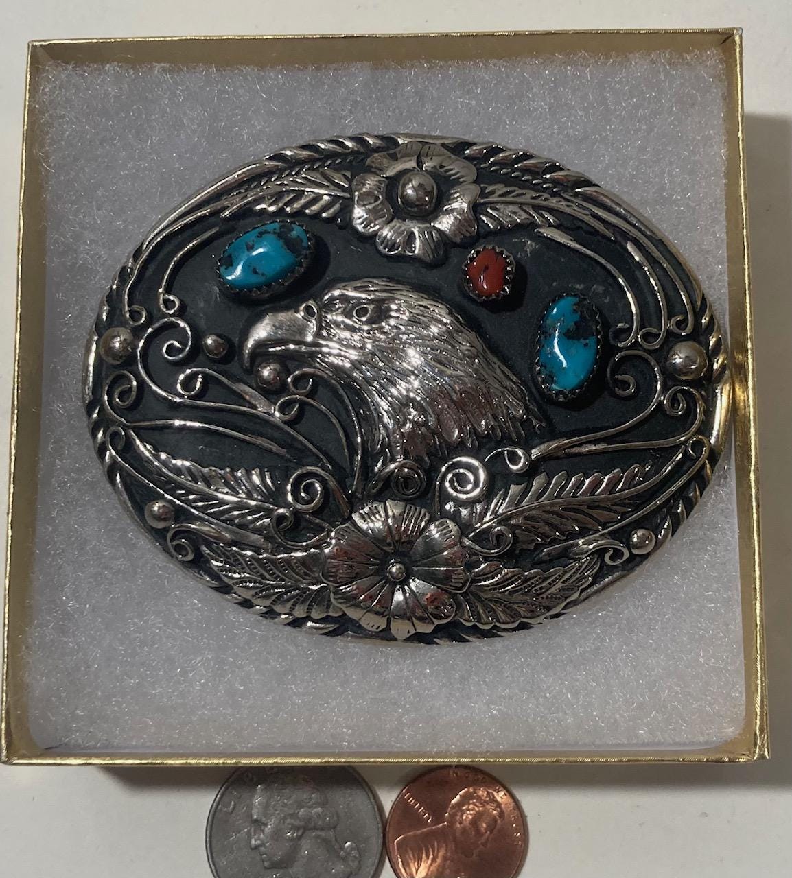 ヴィンテージ メタル ベルト バックル、素敵なアメリカの白頭鷲、青と