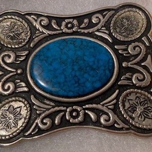 Vintage Metal Belt Buckle, Nice Turquoise Blue Stone Design, Nice Western Design, 3 1/2&quot; x 2 3/4&quot;, Heavy Duty, Quality