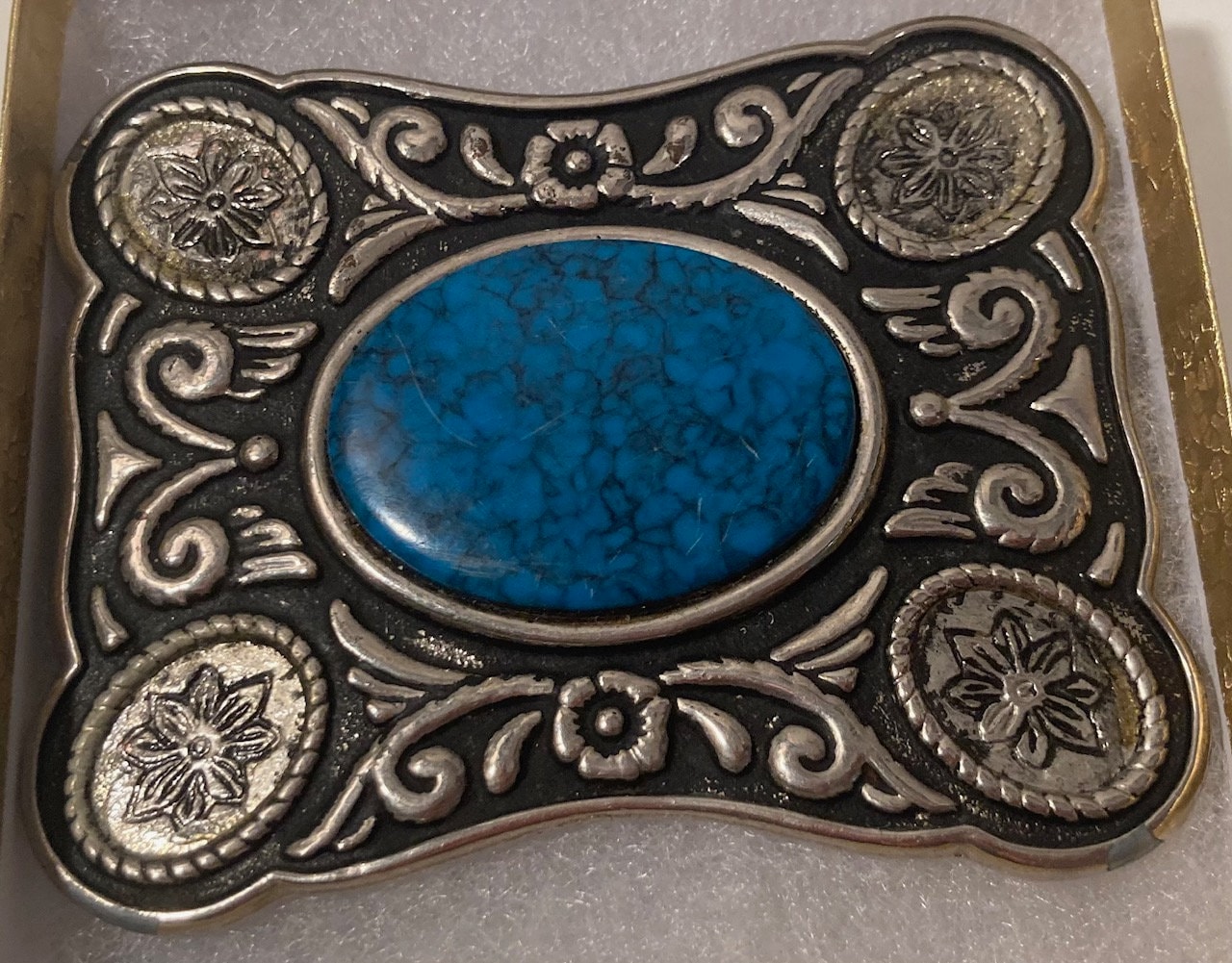 Vintage Metal Belt Buckle, Nice Turquoise Blue Stone Design  display picture 3