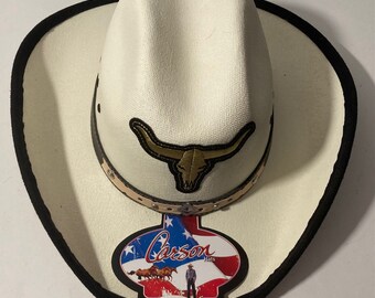 Chapéu de cowboy vintage, Carson, touro, vaca, boi, autoconformável, bela faixa, tamanho 5, qualidade, cowboy, roupa ocidental, rancheiro, guarda-sol