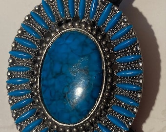 Vintage Metal Bolo Tie, Nice Blue Stone Design, 2&quot; x 1 1/2&quot;, Nice Design, Quality, Heavy Duty, Made in USA, Country & Western, Cowboy