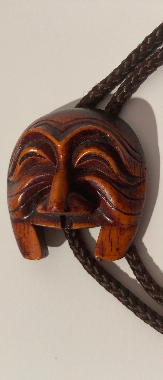 Vintage Wooden Bolo Tie, Face, Mask, Smiley, Nice… - image 2