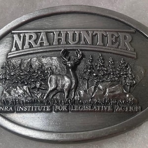 Vintage Metal Belt Buckle, NRA Hunter, Buck, Deer, National Rifle Association, Nice Western Design, 3 1/4&quot; x 2 1/2&quot;, Heavy Duty