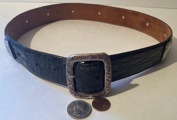 Vintage Black Leather Belt and Buckle, Silver Squ… - image 3