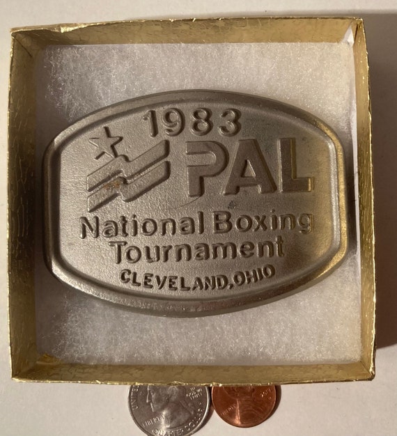 Vintage 1983 Metal Belt Buckle, PAL National Boxing Tournament, Cleveland, Ohio, Nice Western Design, 3 1/4" x 2 1/2", Heavy Duty, Quality View 2