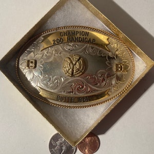 Vintage 1981 Metal Belt Buckle, Silver and Brass, 1981 Butte Champion, 200 Handicap, Montana Silversmiths, Nice Design