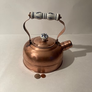 Vintage Metal Copper Teapot, Tea Kettle, Porcelain Handles, Kitchen Decor, Table Display, Shelf Display, This Can Be Shined Up Even More