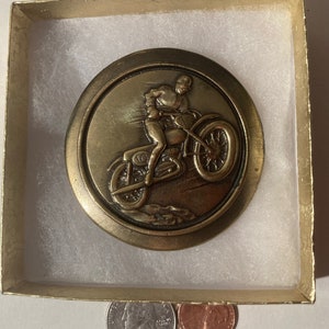 Vintage 1977 Metal Belt Buckle, Brass, Motorcycle, Dirt Bike, 2 1/2 x 2 1/2, Heavy Duty, Made in USA, Quality, Name, Country & Western image 2
