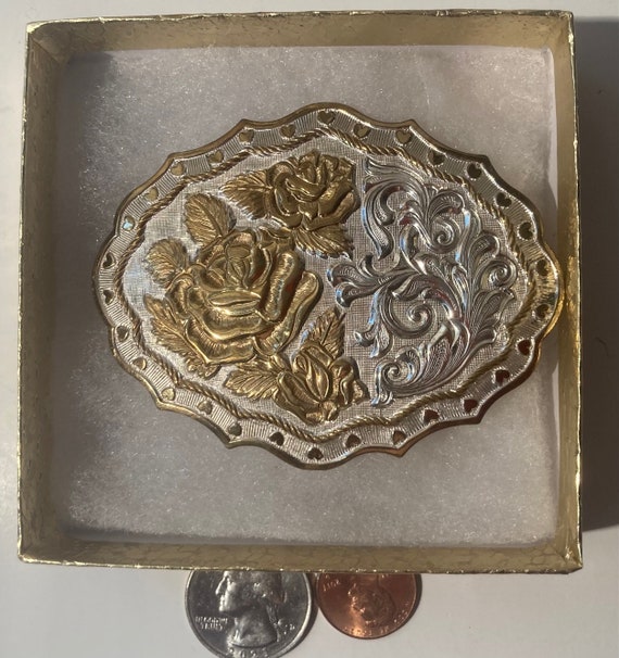 Vintage Metal Belt Buckle, Silver and Brass, Flow… - image 2