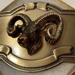 Vintage Metal Belt Buckle, Brass, Wyoming, Bighorn Sheep, Mountain Ram, Antelope, Nice Design, 3 3/4 x 2 3/4, Heavy Duty, Quality image 1