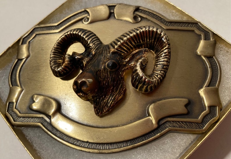 Vintage Metal Belt Buckle, Brass, Wyoming, Bighorn Sheep, Mountain Ram, Antelope, Nice Design, 3 3/4 x 2 3/4, Heavy Duty, Quality image 1
