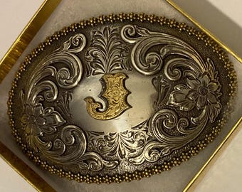 Hebilla de cinturón de metal vintage, Nocona, letra J, inicial J, estilo western, estilo country y western, resistente, 10 x 6,35 cm, calidad, moda