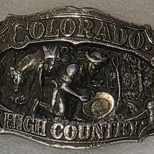 Vintage Metal Belt Buckle, Colorado, High Country, Nice Gold Miner, Gold Mining, Nuggets, Pick Axe, Pack Mule, Donkey