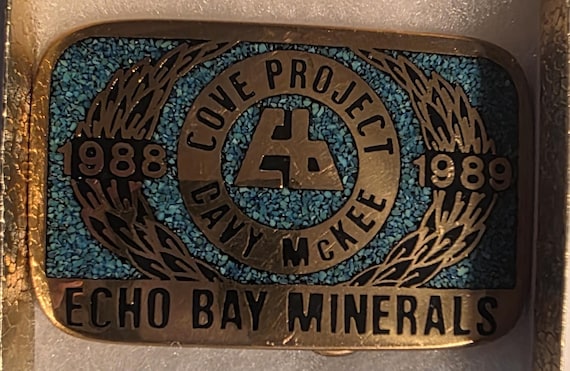 Vintage 1989 Metal Belt Buckle, Solid Brass, Blue Crushed Turquoise Stones, Cove Project, Davy McKee, Echo Bay Minerals